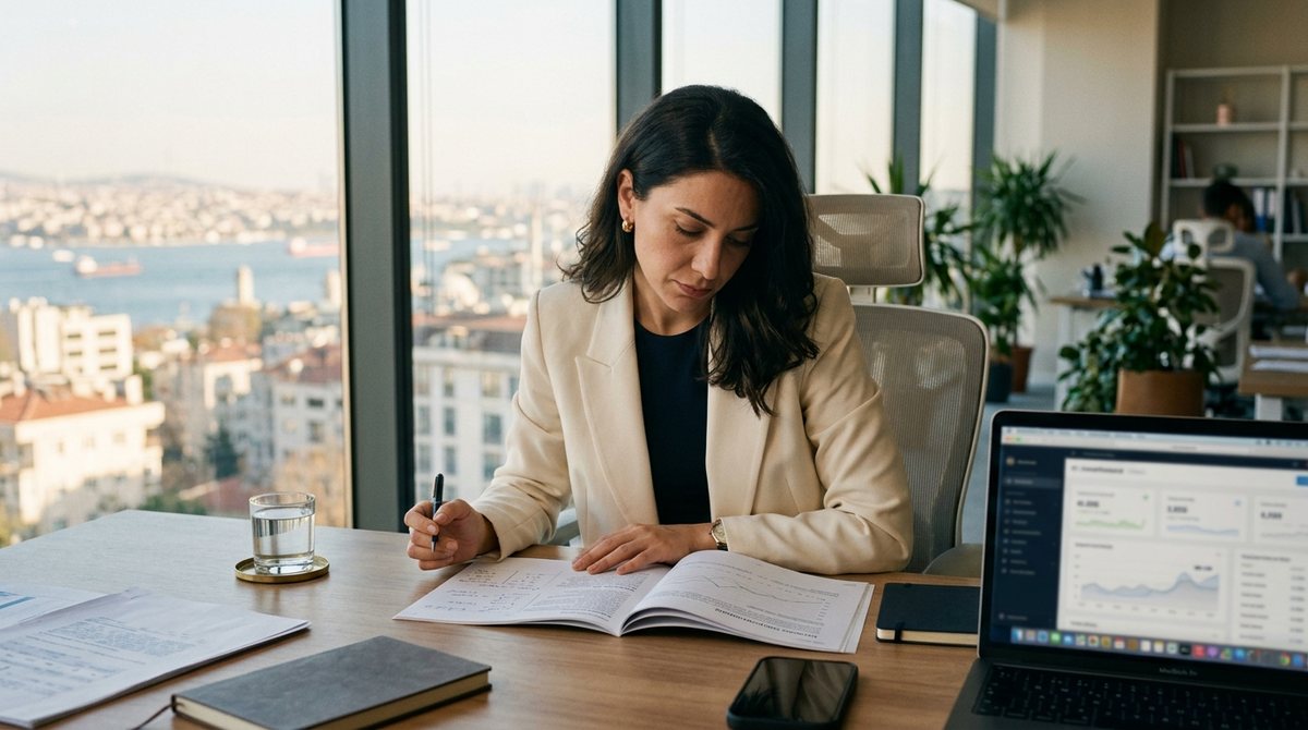 A Turkish businesswoman studying a printed report at her desk in an Istanbul office, Bosphorus visible outside