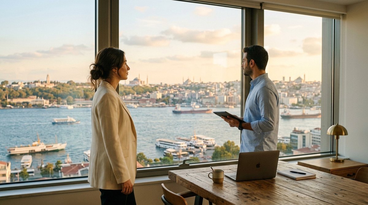 Two Turkish professionals at a window in a modern Istanbul office, looking out over the Bosphorus at golden hour