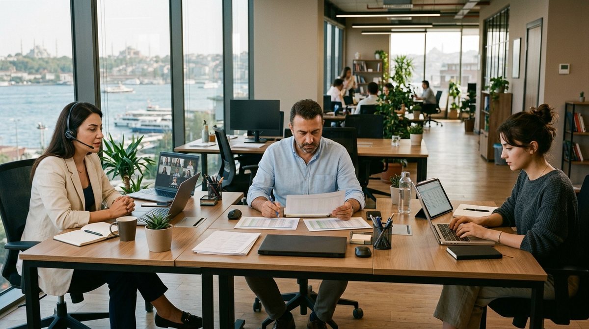 An open-plan Istanbul office: three workstations in parallel, each team working on a different function